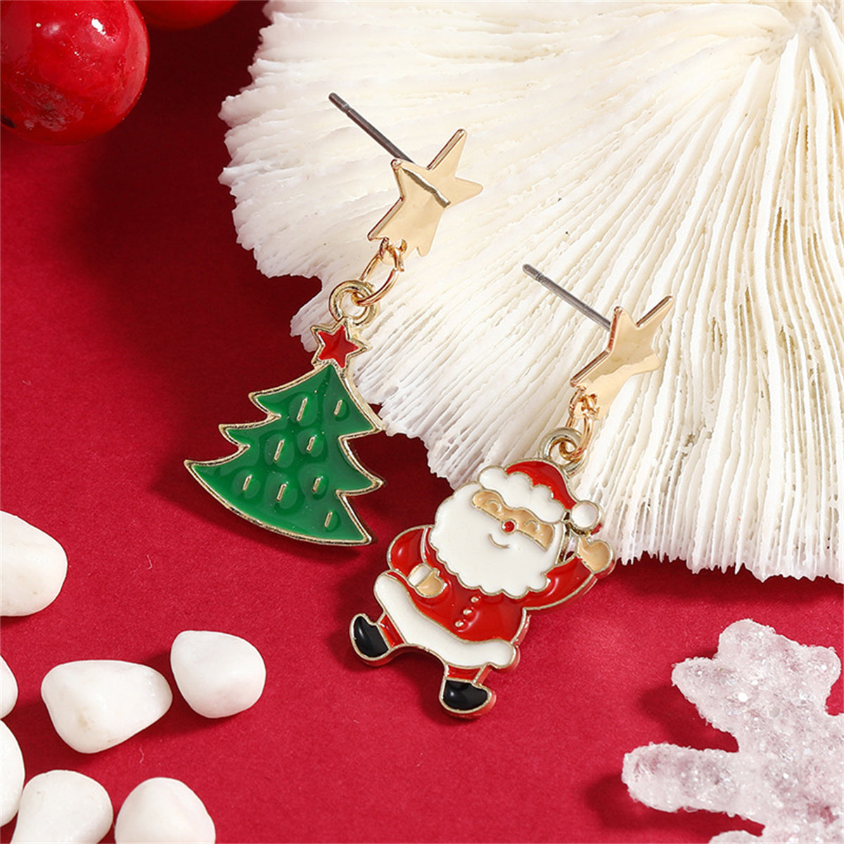 Green Enamel & 18K Gold-Plated Star Santa Christmas Tree Mismatch Drop Earrings