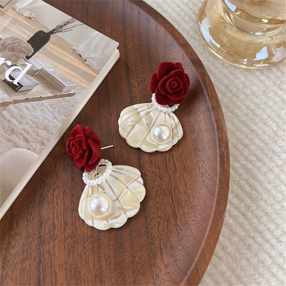 Pearl & Nylon Silver-Plated Rose Shell Drop Earrings