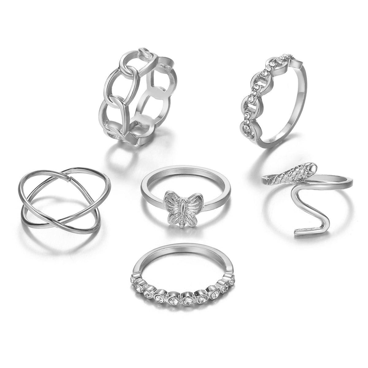Cubic Zirconia and Silver-Plated Butterfly Snake Ring Set, silver statement rings for women, side view