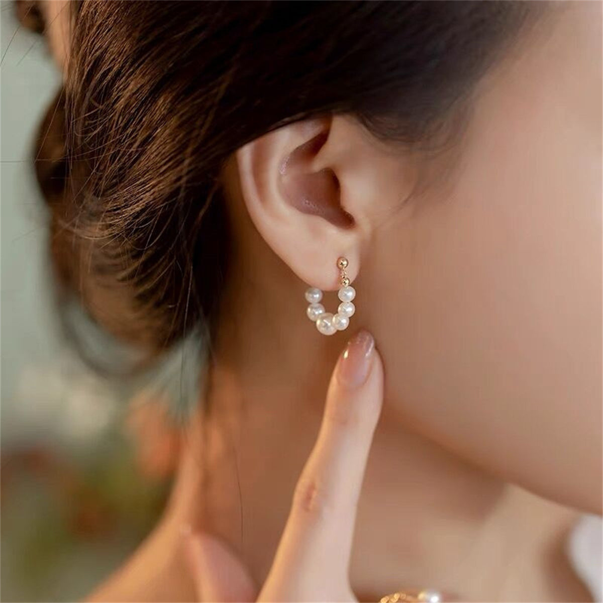 Pearl and 18K Gold-Plated Chain Ear Jackets, gold drop earrings for women, botanical inspired, front view