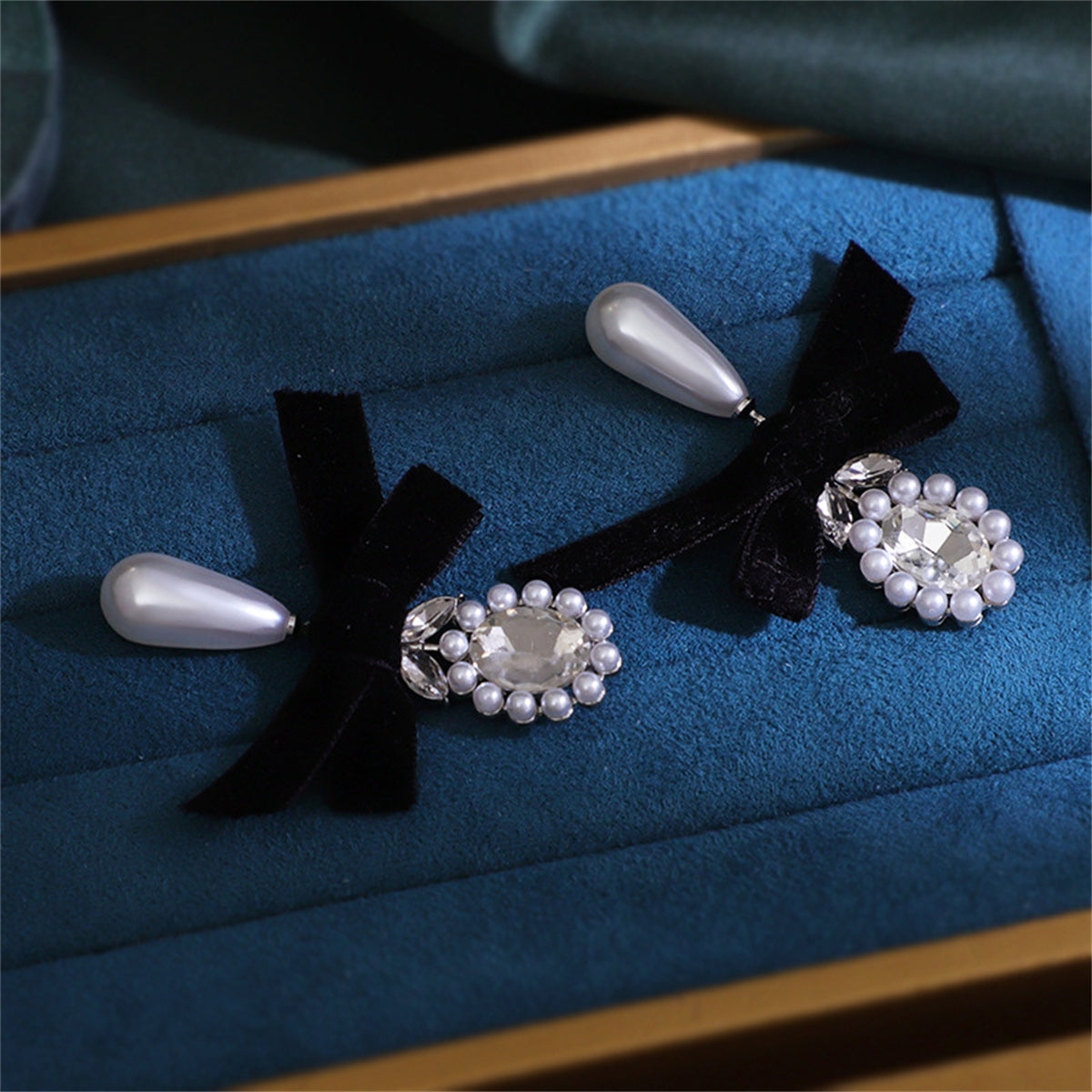 Black Flocking and Crystal Pearl Silver-Plated Bow Drop Earrings, silver drop earrings for women, lifestyle look