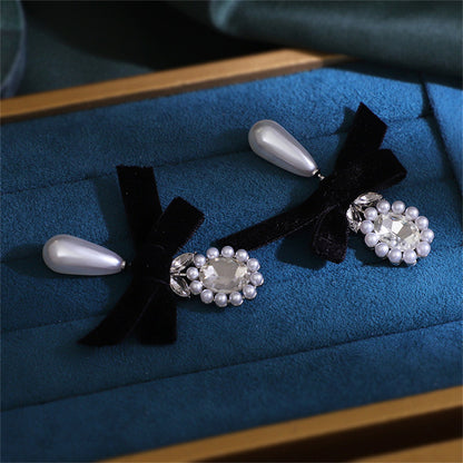 Black Flocking and Crystal Pearl Silver-Plated Bow Drop Earrings, silver drop earrings for women, lifestyle look