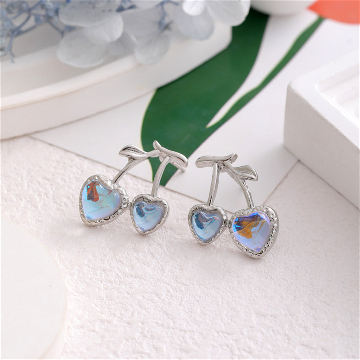 Blue Quartz and Silver-Plated Cherry Heart Stud Earrings, silver stud earrings for women, vintage-inspired design, side view