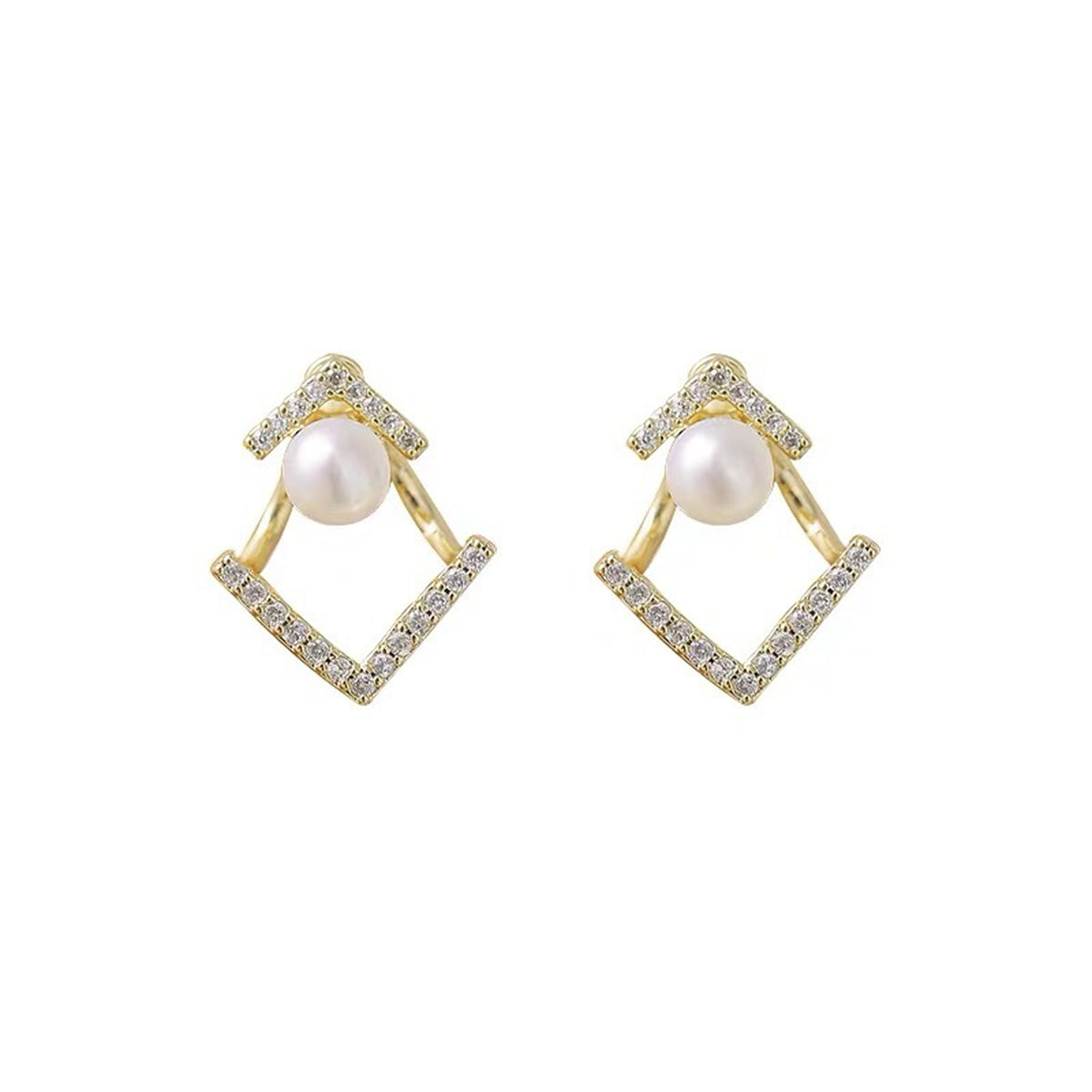 Pearl and Cubic Zirconia 18K Gold-Plated Rhombus Ear Jackets, gold drop earrings for women, front view