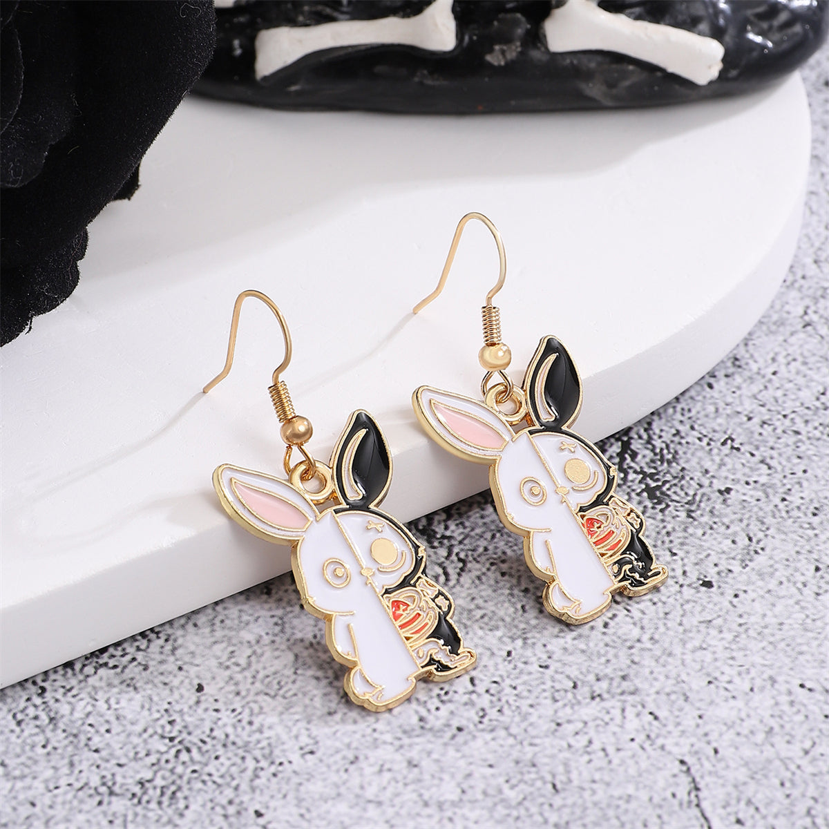 White Enamel & 18K Gold-Plated Rabbit Drop Earrings