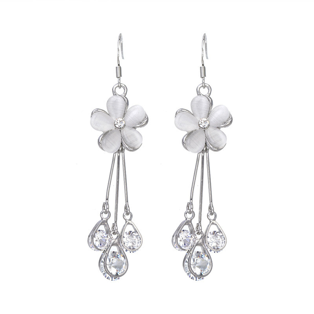 Cateye & Cubic Zirconia Silver-Plated Floral Teardrop Tassel Drop Earrings