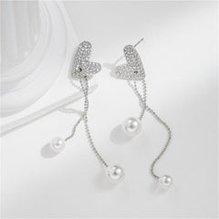Cubic Zirconia & Pearl Silver-Plated Heart Bead Drop Earrings