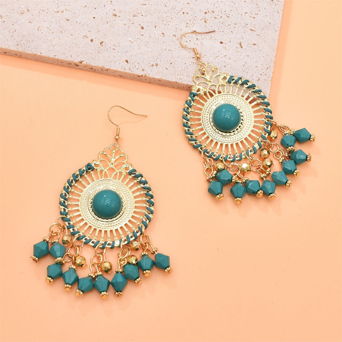 Green Acrylic and Enamel 18K Gold-Plated Openwork Round Drop Earrings, gold drop earrings for women, side view