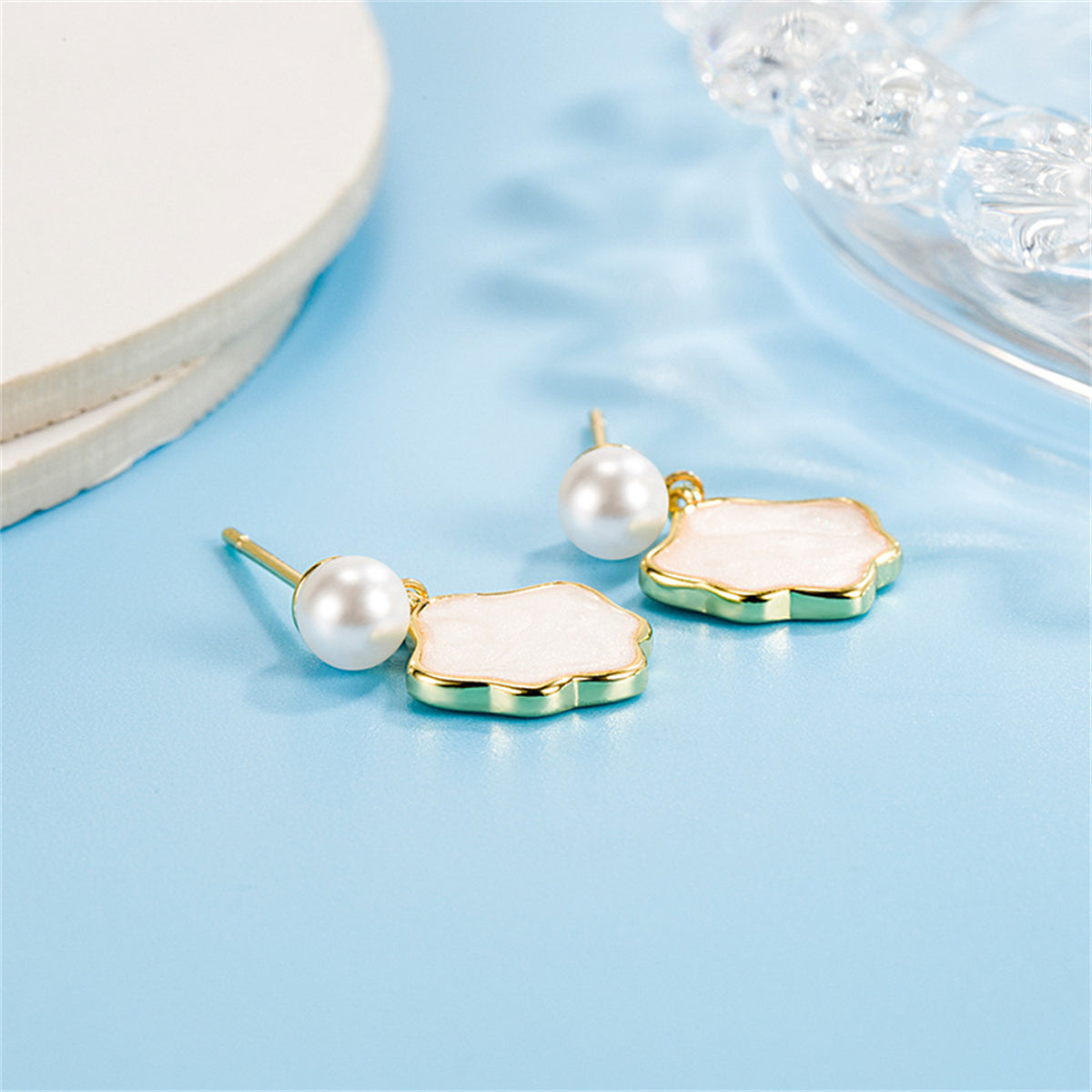 Pearl and Shell 18K Gold-Plated Cloud Drop Earrings, gold drop earrings for women, botanical inspired, side view