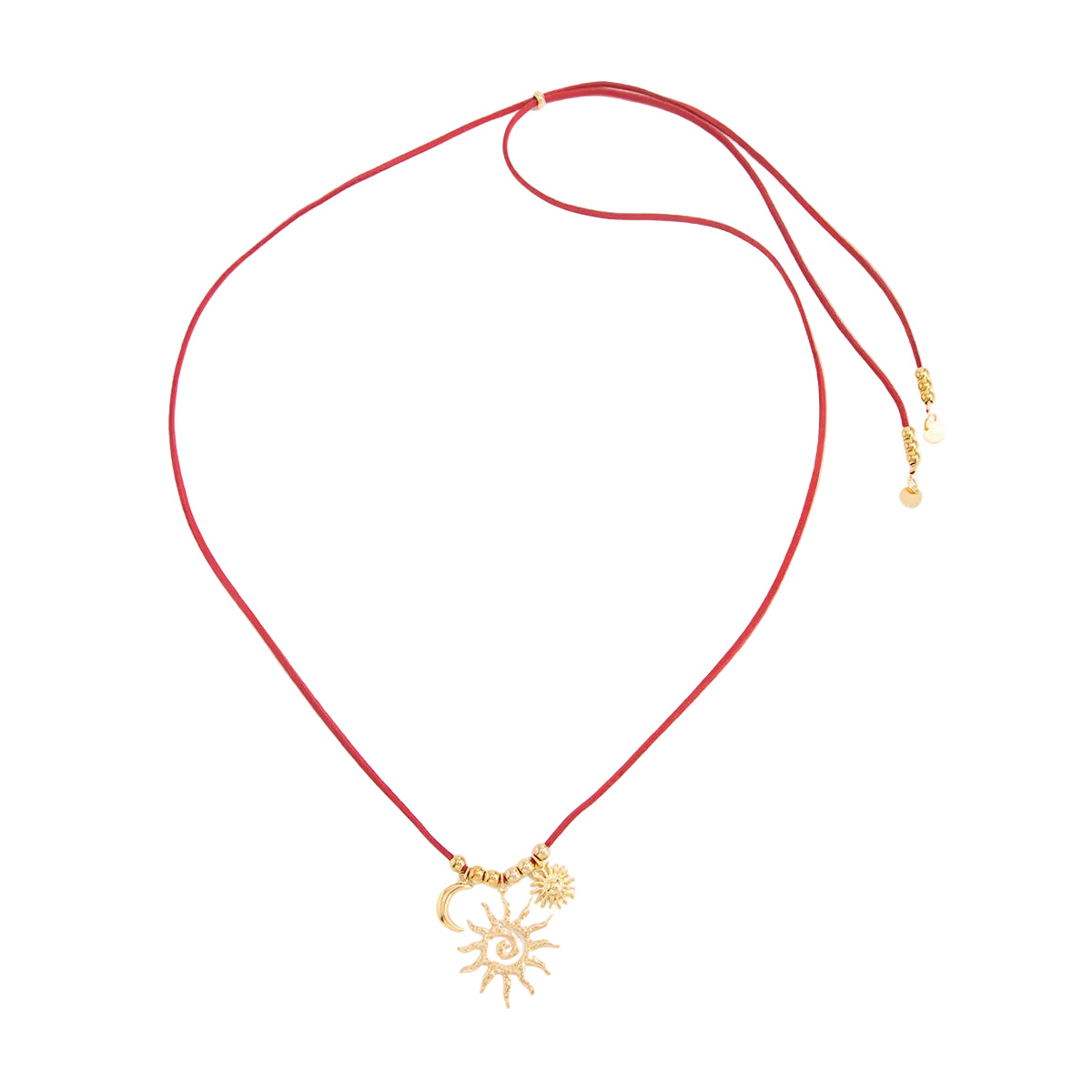 Red Polyster and Goldtone Sun Moon Pendant Necklace, vintage-inspired design, front view