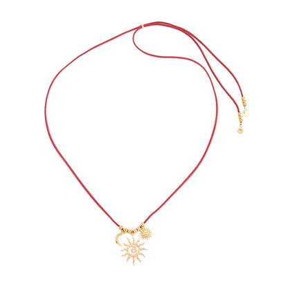 Red Polyster and Goldtone Sun Moon Pendant Necklace, vintage-inspired design, front view