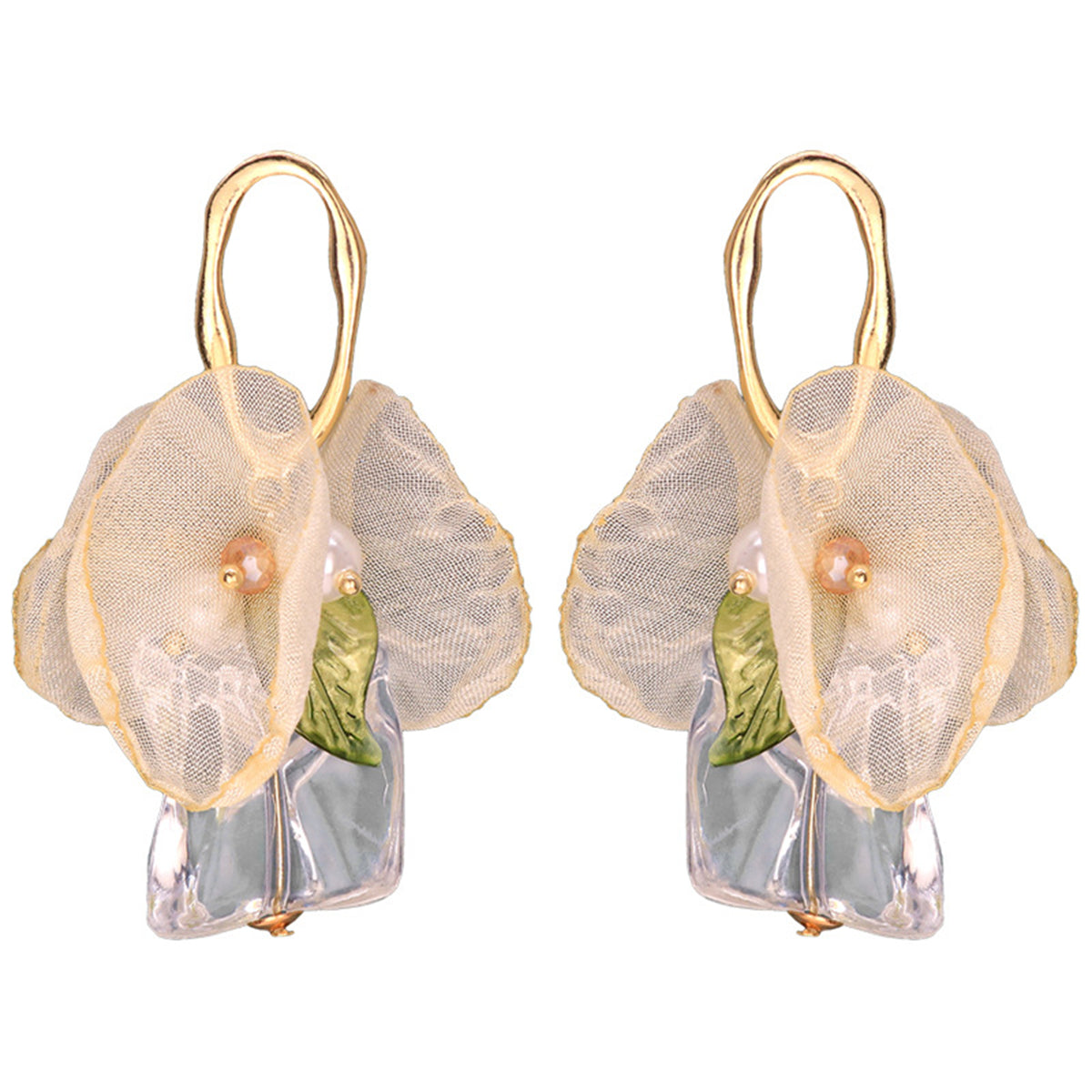 Crystal and Pearl Mesh Leaf Bow Drop Earrings, drop earrings for women, everyday style, front view