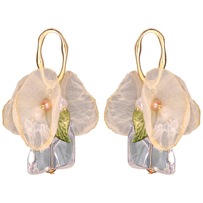 Crystal and Pearl Mesh Leaf Bow Drop Earrings, drop earrings for women, everyday style, front view