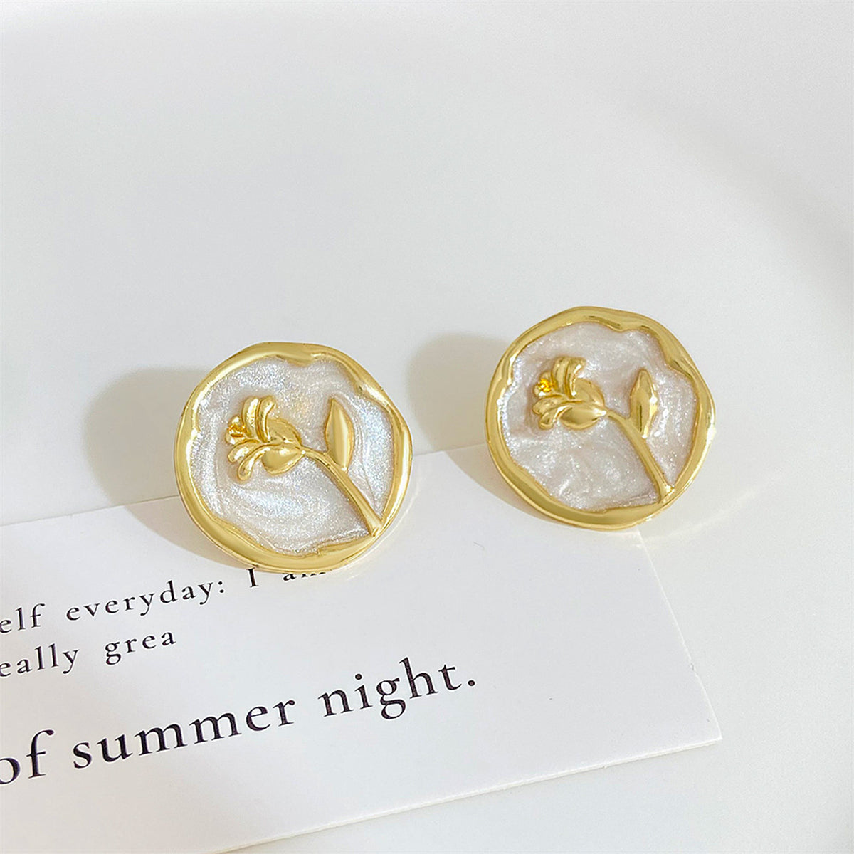 White Enamel & 18K Gold-Plated Rose Round Stud Earrings