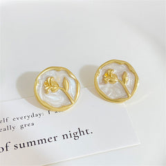 White Enamel & 18K Gold-Plated Rose Round Stud Earrings