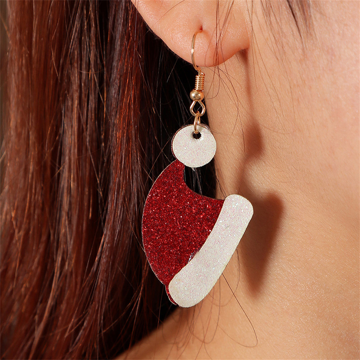 Red & White Glitter Santa Hat Drop Earrings