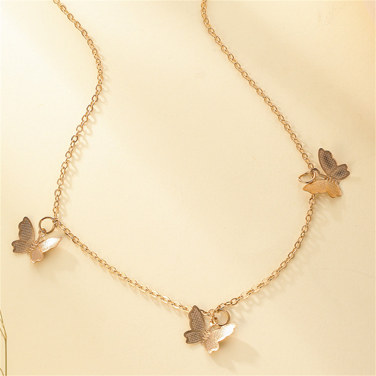 18K Gold-Plated Butterfly Station Necklace, gold pendant necklace for women, dainty minimalist design, detail close-up