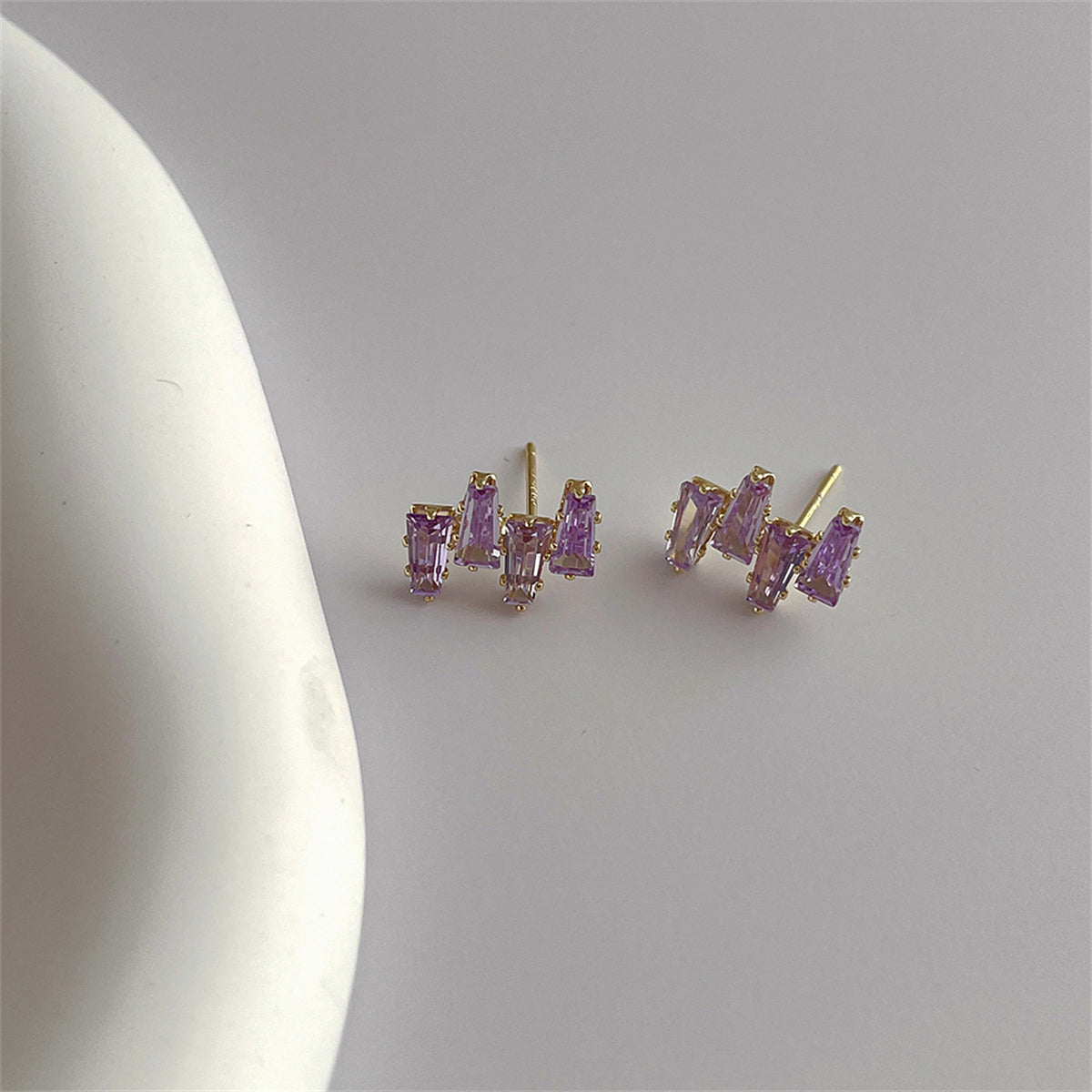 Purple Crystal and 18K Gold-Plated Geometric Stud Earrings, gold stud earrings for women, detail close-up