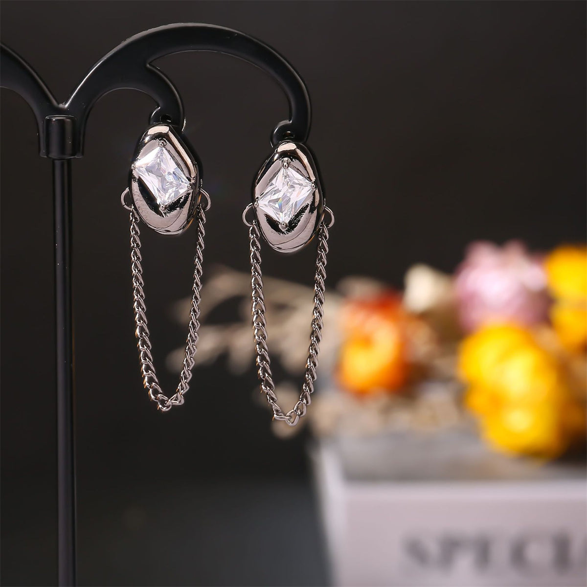 Crystal and Black-Tone Oval Tassel Drop Earrings, drop earrings for women, vintage-inspired design, side view
