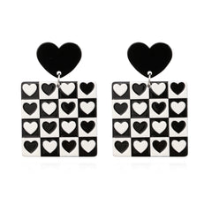 Black Acrylic Checkerboard Heart Earrings