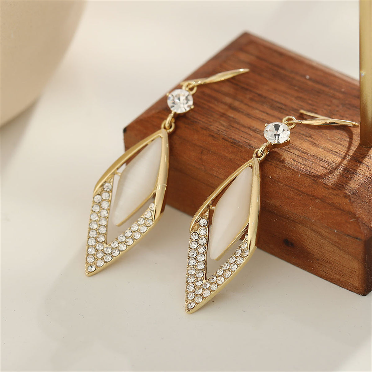 Cat's Eye and Cubic Zirconia 18K Gold-Plated Rhombus Drop Earrings, gold drop earrings for women, everyday style, front view