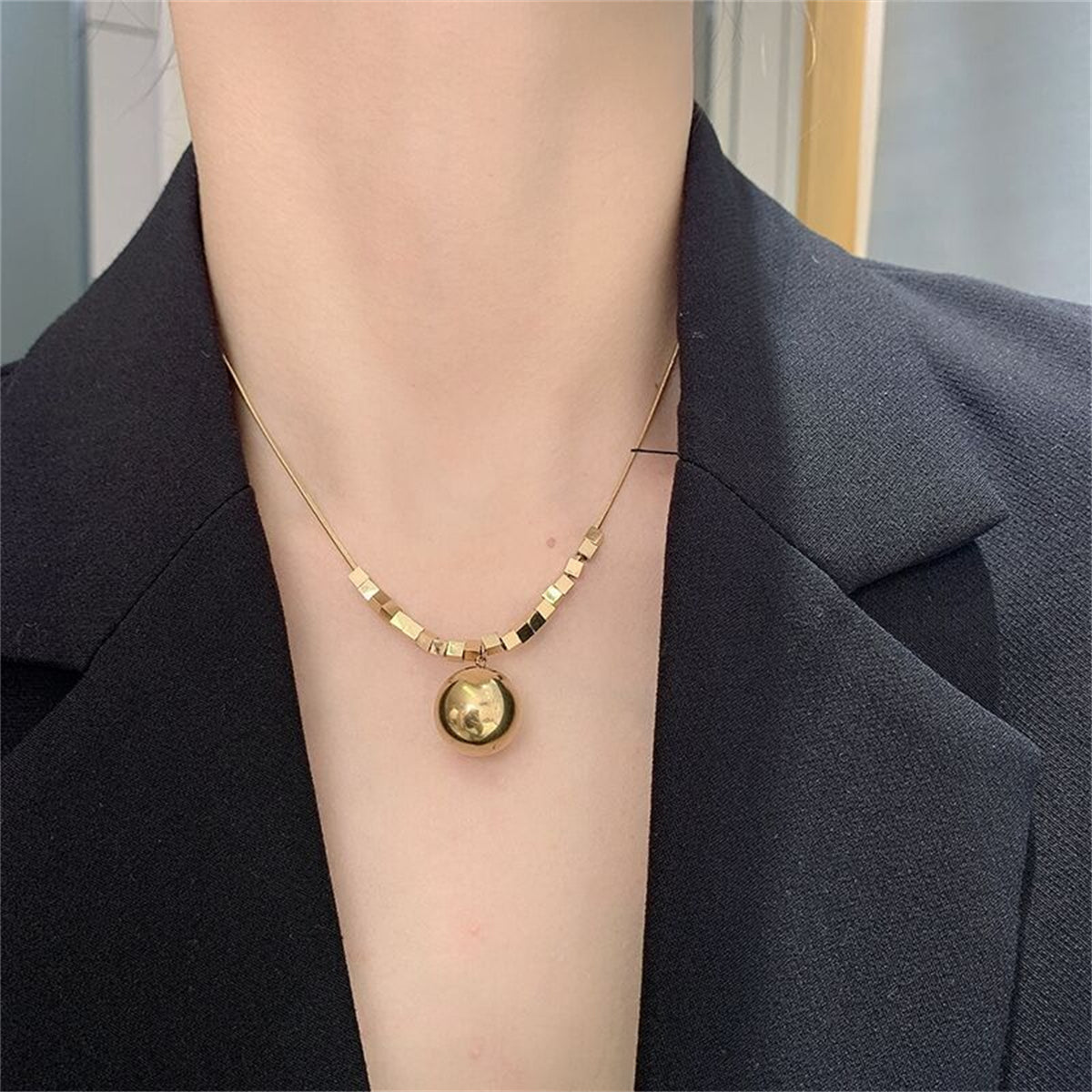 18K Gold-Plated Cube-Bead Ball Pendant Necklace, gold pendant necklace for women, elegant gift for her, styled look