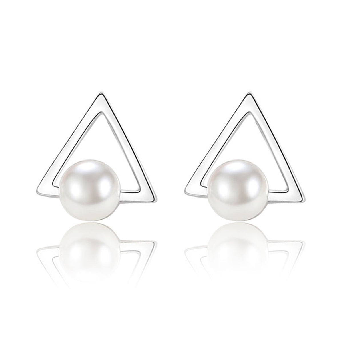 Pearl & Silver-Plated Hollow-Triangle Stud Earrings