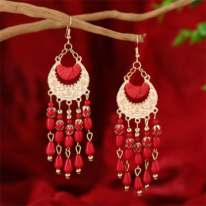 Red Resin and Polyster 18K Gold-Plated Tassel Drop Earrings, gold drop earrings for women, vintage-inspired design, side view
