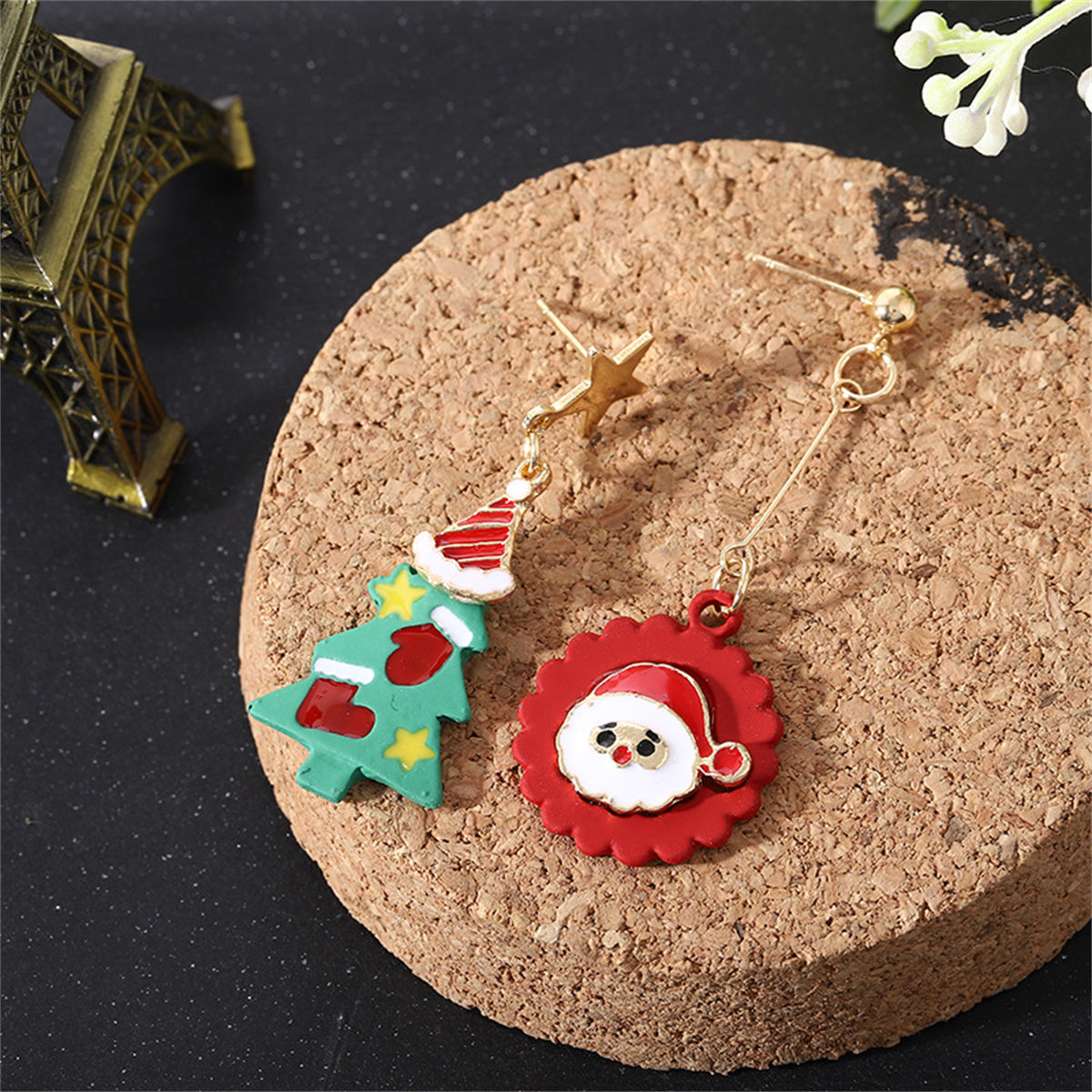 Red and Green Christmas Tree Santa Mismatch Drop Earrings, drop earrings for women, vintage-inspired design, detail close-up