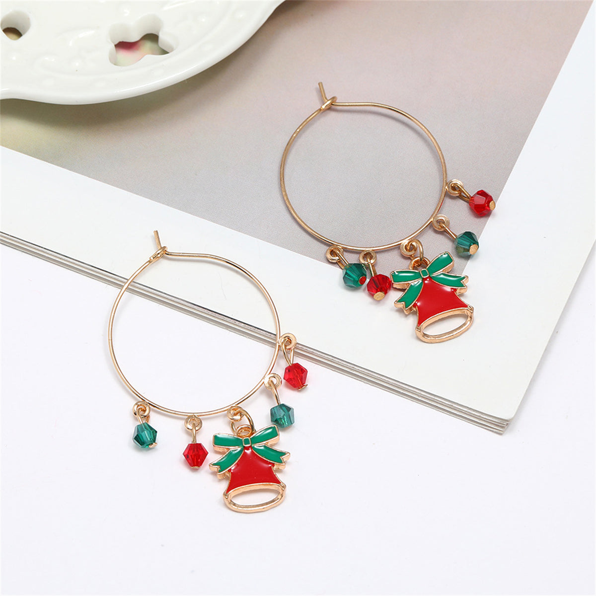 Red Acrylic and Enamel 18K Gold-Plated Bell Hoop Earring, gold drop earrings for women, botanical inspired, side view