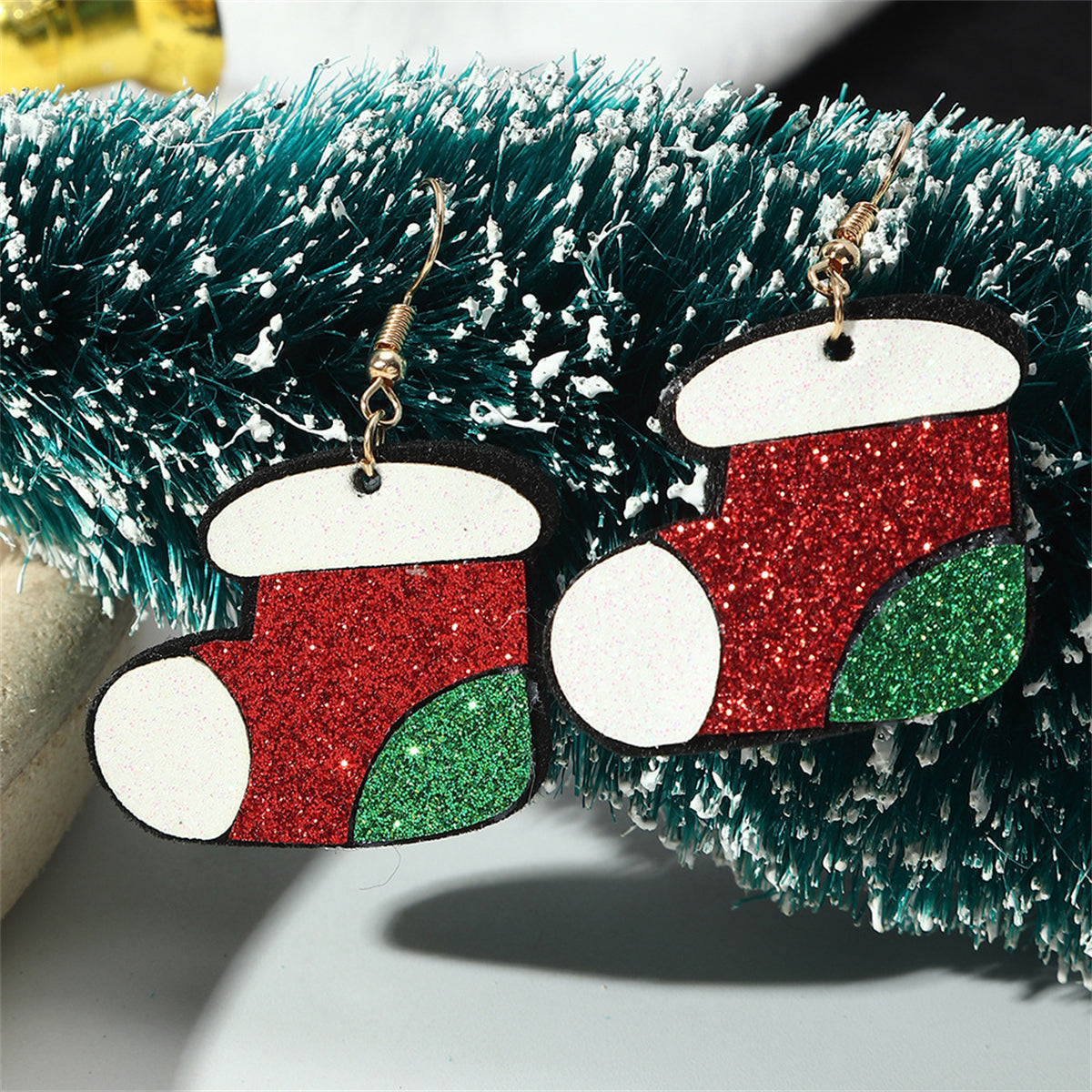 Red and Green Glitter Stocking Drop Earrings, drop earrings for women, dainty minimalist design, side view