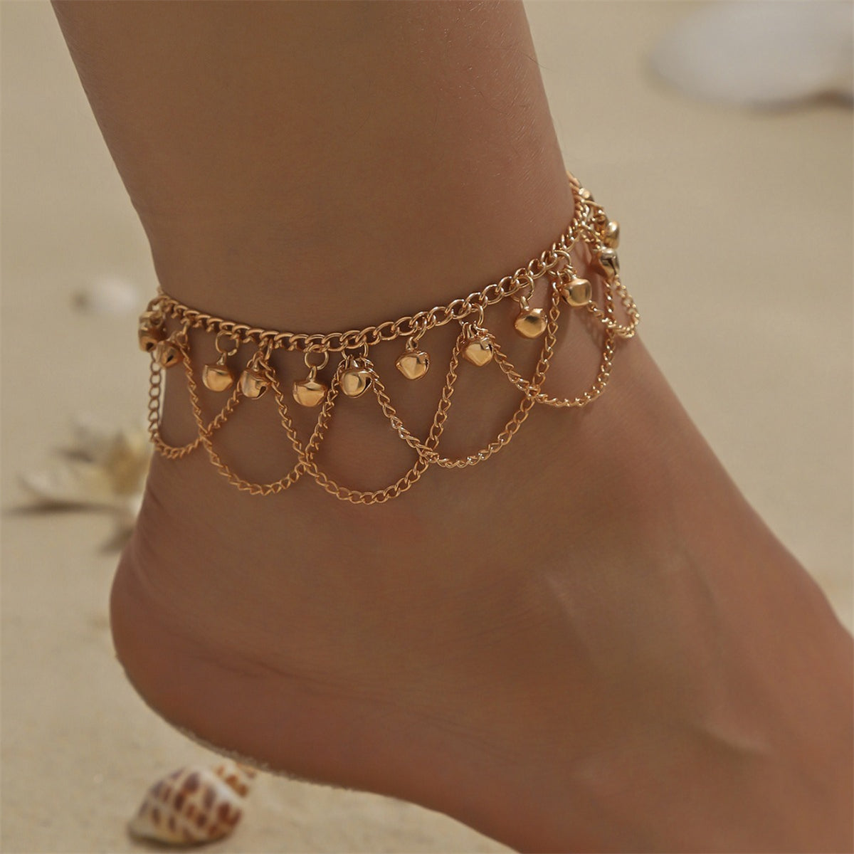 18K Gold-Plated Bell Tassel Anklet, gold anklet bracelet, everyday style, side view