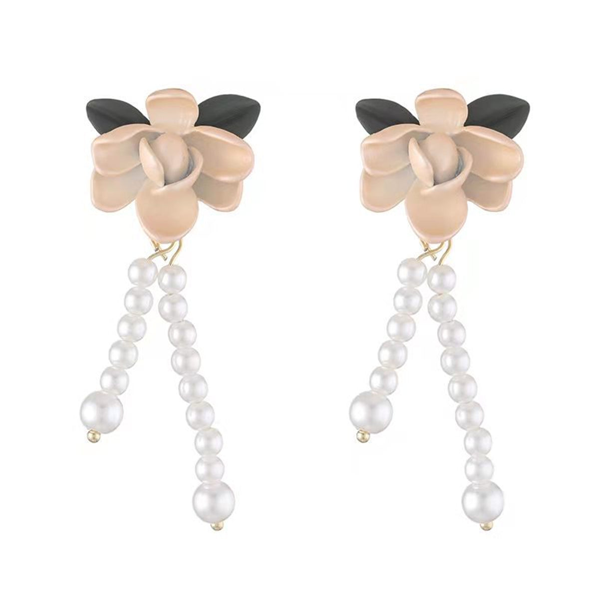 Pearl and Enamel 18K Gold-Plated Flower Drop Earrings, gold drop earrings for women, dainty minimalist design, front view