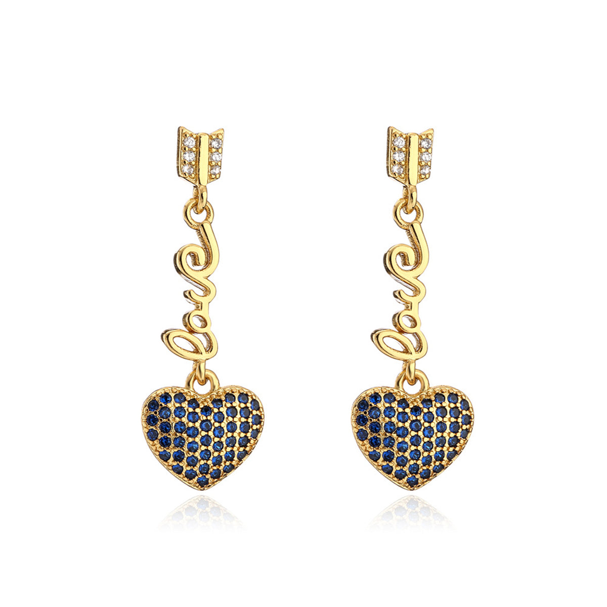 Blue Cubic Zirconia and 18K Gold-Plated 'LOVE' Heart Drop Earrings, gold drop earrings for women, everyday style, side view