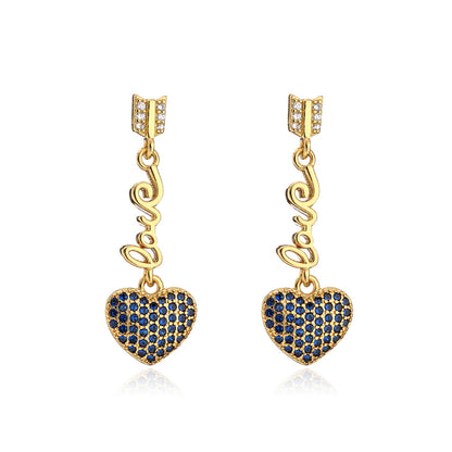 Blue Cubic Zirconia and 18K Gold-Plated 'LOVE' Heart Drop Earrings, gold drop earrings for women, everyday style, side view