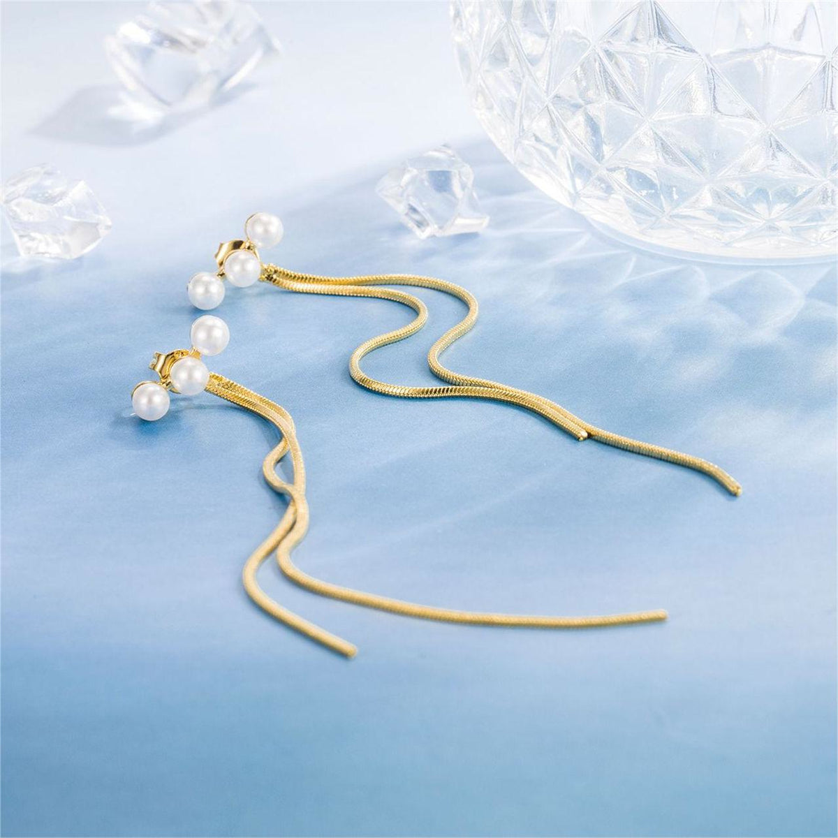Pearl and 18K Gold-Plated Tassel Ear Jackets, gold drop earrings for women, dainty minimalist design, detail close-up