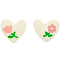 Pink Enamel & Silver-Plated Flower Heart Stud Earrings