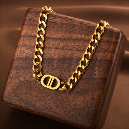 18K Gold-Plated Cuban Chain Oval Pendant Necklace, gold pendant necklace for women, botanical inspired, front view