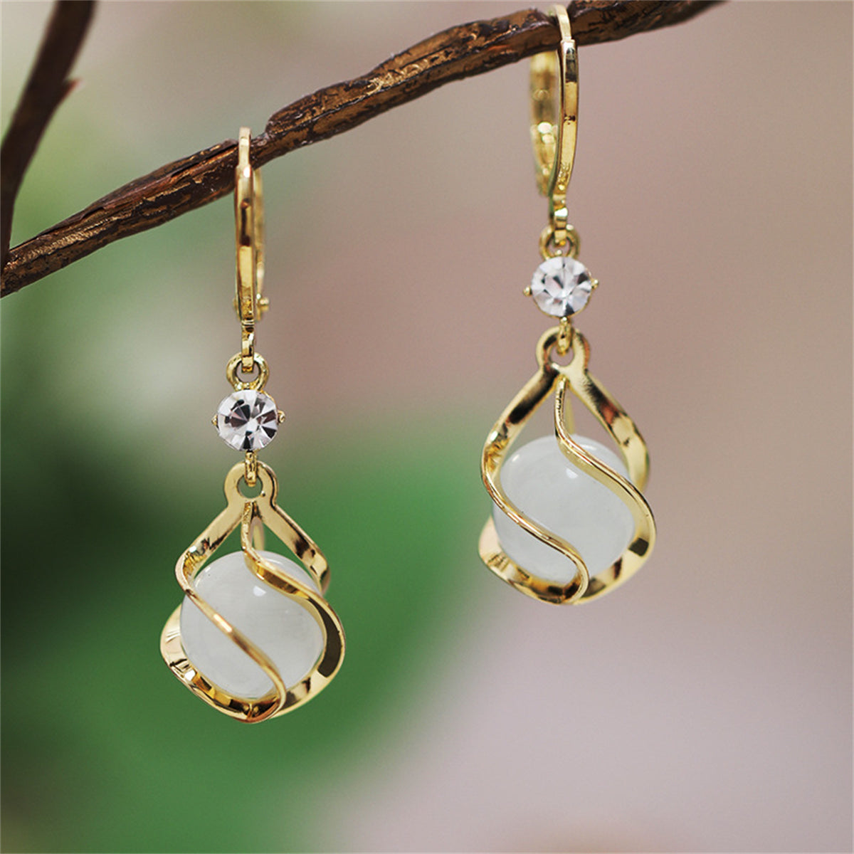 White Cat's Eye & Cubic Zirconia Twisted Huggie Drop Earrings