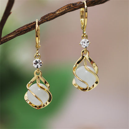 White Cat's Eye & Cubic Zirconia Twisted Huggie Drop Earrings