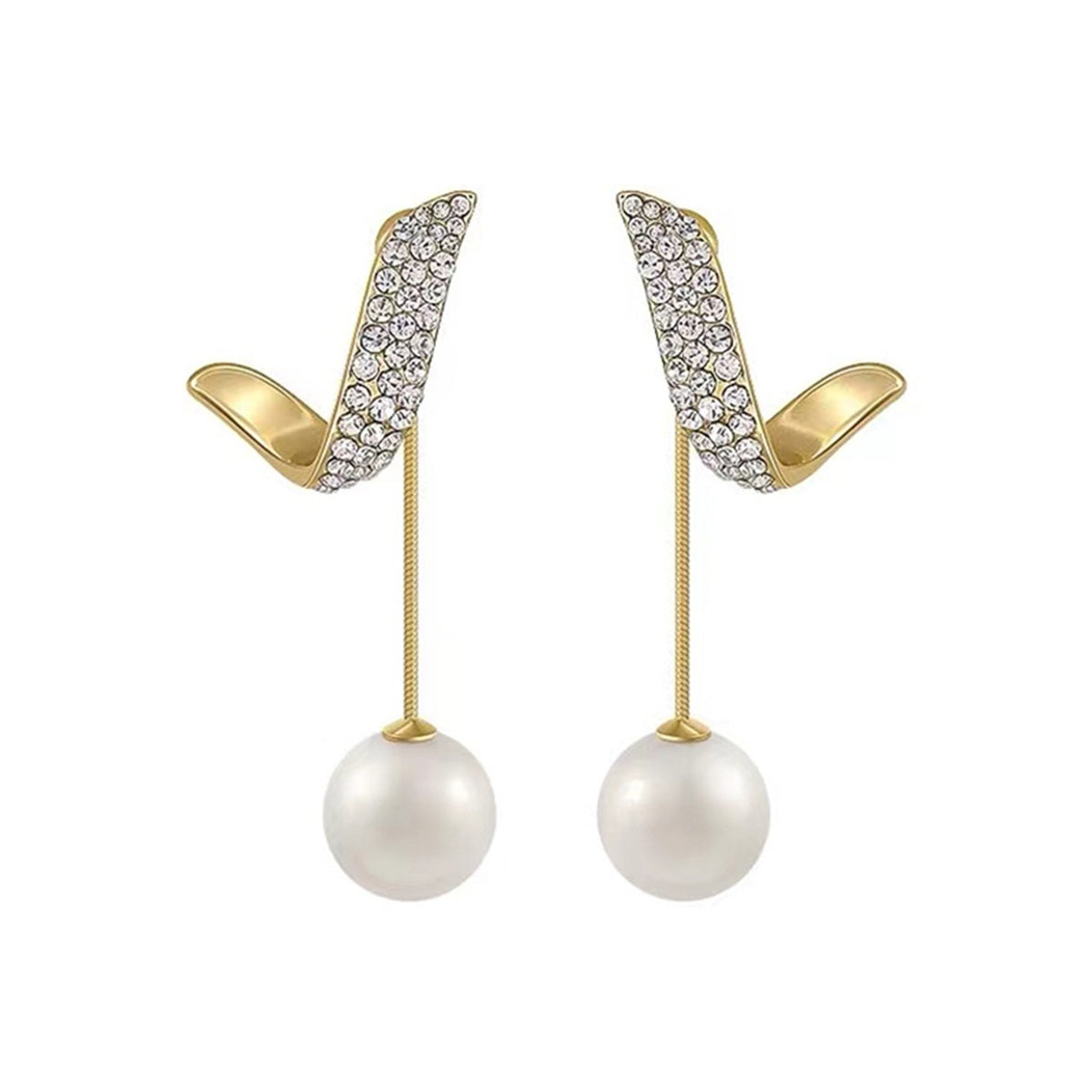 Cubic Zirconia and Pearl Ribbon Ear Jackets, drop earrings for women, dainty minimalist design, front view