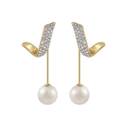 Cubic Zirconia and Pearl Ribbon Ear Jackets, drop earrings for women, dainty minimalist design, front view