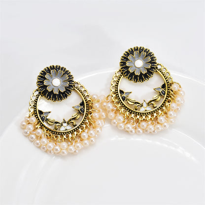 Black Enamel and Pearl 18K Gold-Plated Floral Wreath Drop Earrings, gold drop earrings for women, detail close-up