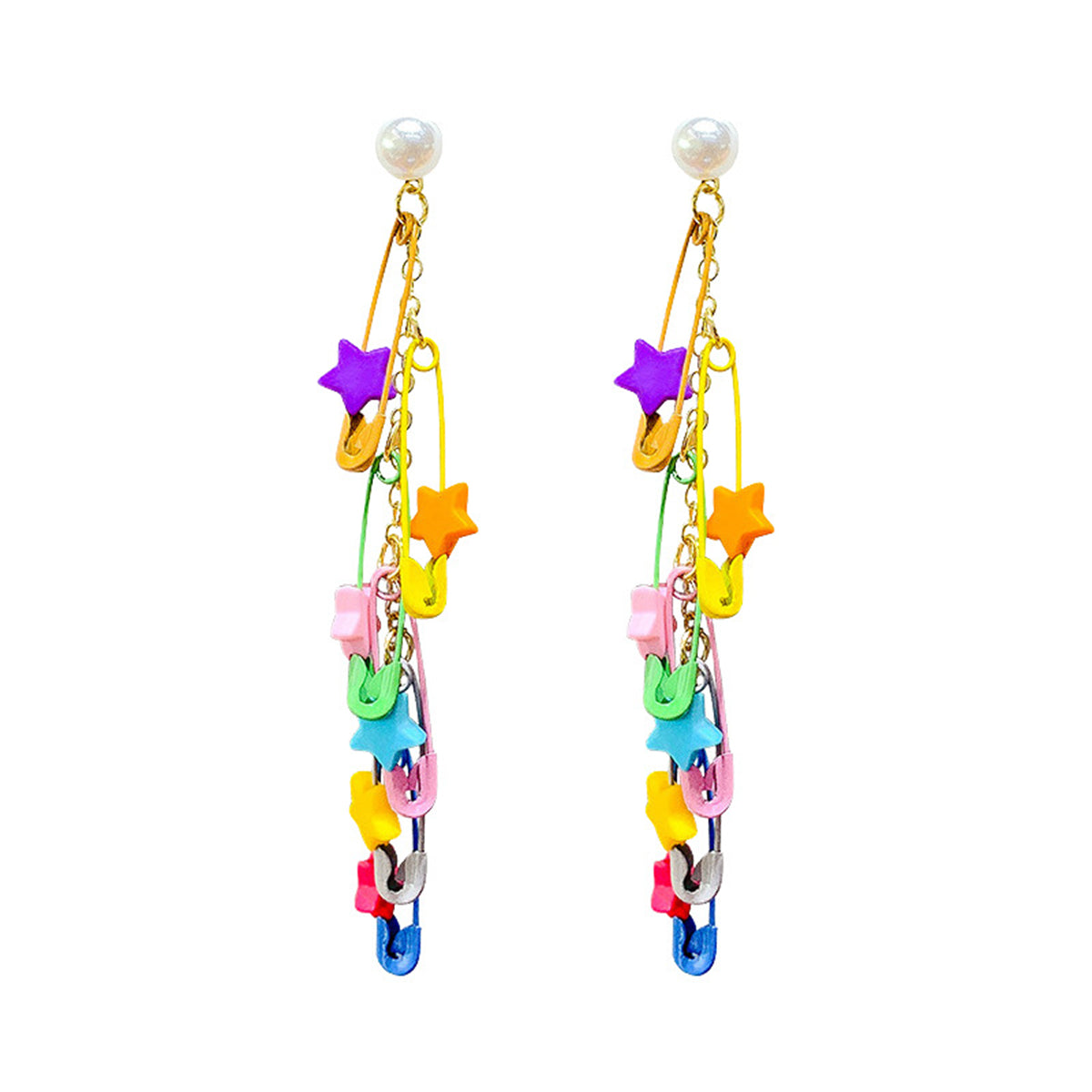 Pearl and Blue Acrylic Star Clip Tassel Drop Earring, drop earrings for women, dainty minimalist design, front view
