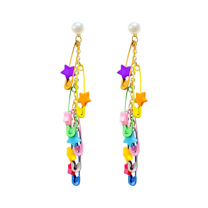 Pearl and Blue Acrylic Star Clip Tassel Drop Earring, drop earrings for women, dainty minimalist design, front view