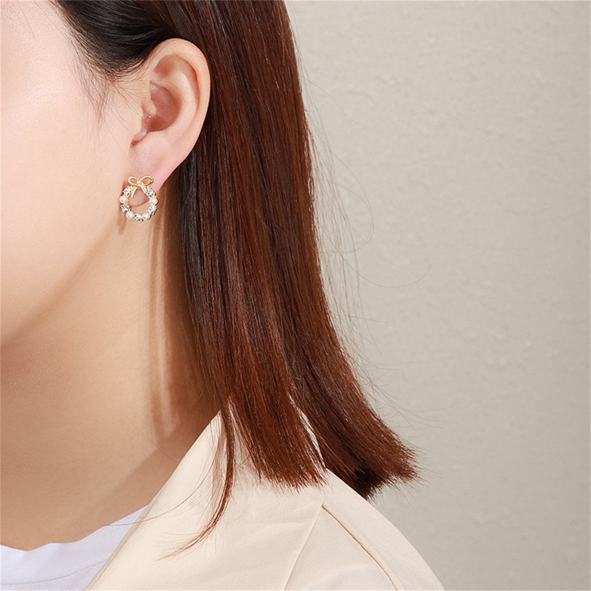 Pearl & Cubic Zirconia Bow Wreath Stud Earrings