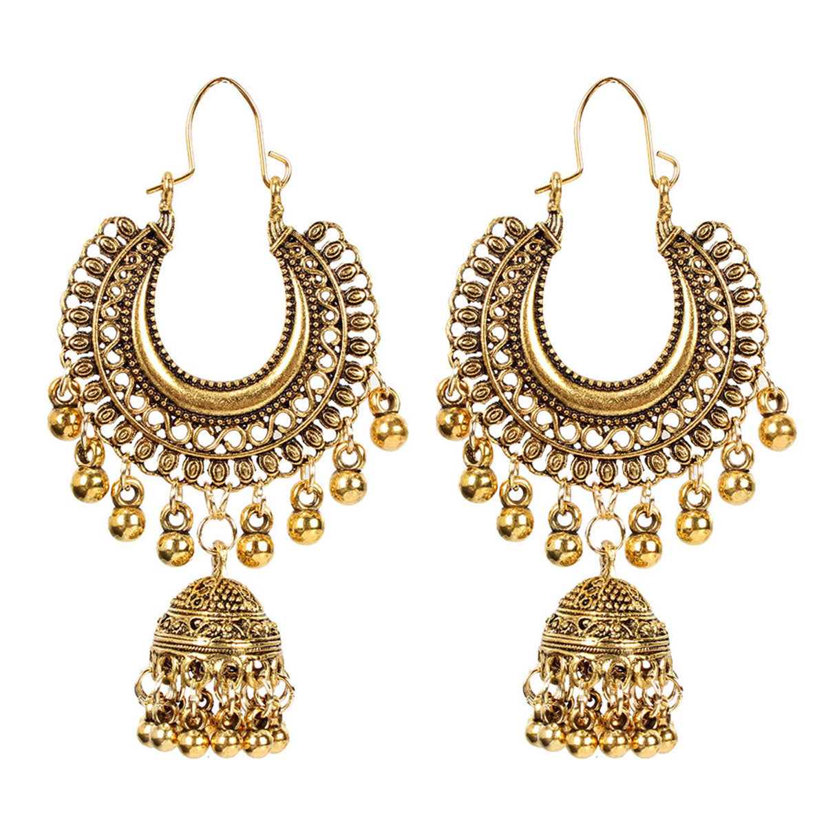 Beautiful 18K gold-plated jhumka earrings with intricate bead detailing, a must-have accessory for any fashion-forward wardrobe.
