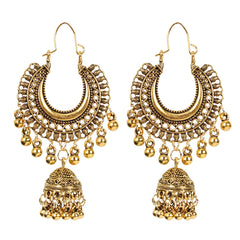 Beautiful 18K gold-plated jhumka earrings with intricate bead detailing, a must-have accessory for any fashion-forward wardrobe.