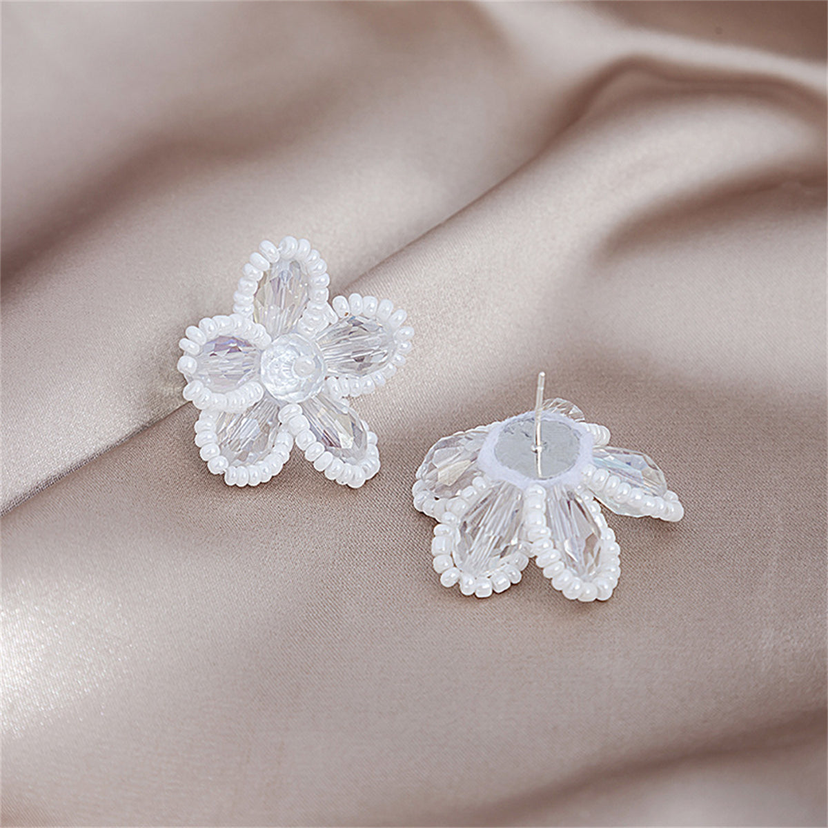 White Howlite and Crystal Silver-Plated Flower Stud Earrings, silver stud earrings for women, lifestyle look
