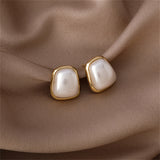 Pearl & 18k Gold-Plated Trapezoid Bezel Stud Earring